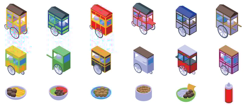 Colorful food trucks and assorted dishes vector