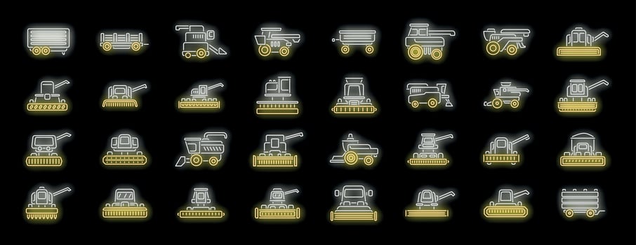 Harvesting equipment and farm vehicles shining in neon light vector