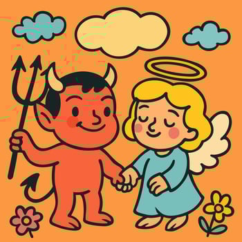 Angel and devil illustration holding hands vector