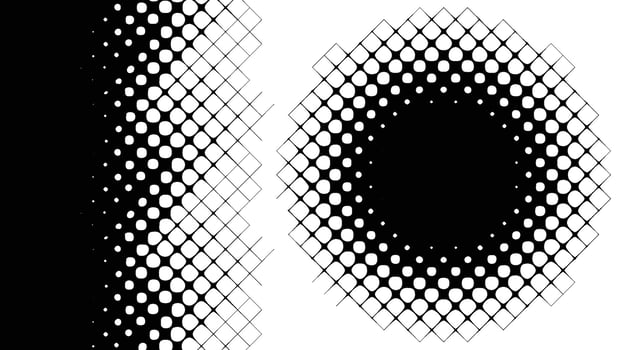 Halftone design with smooth diamond-shaped dot gradients forming vertical and circular patterns. Bold black and white layout for modern graphics. vector
