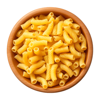 Delicious macaroni pasta arranged in wooden bowl top down on transparent background png