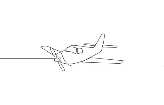 Small plane taking off in continuous line art drawing style. Private airplane flight minimalist design, One continuous line drawing of airport icon vector