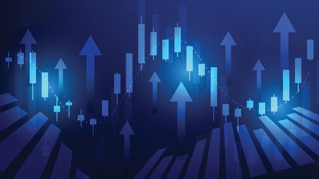 finance and economy growth. stock market candlesticks chart with bar graph on blue background vector