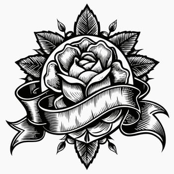 Vintage Rose with Ribbon Banner in Hand Drawn Tattoo Style Illustration vector