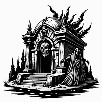 Haunted Mausoleum with Ghostly Figure and Skull Decor Black and White Spooky Illustration vector