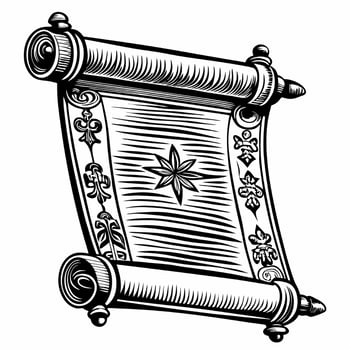 Intricately Designed Vintage Scroll with Floral Patterns and Star Motif in Black and White Illustration vector