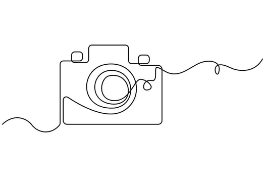 Continuous line drawing of camera icon in modern style illustration on white background for photography concept vector