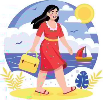 A flat style illustration showing girl enjoying beach day vector