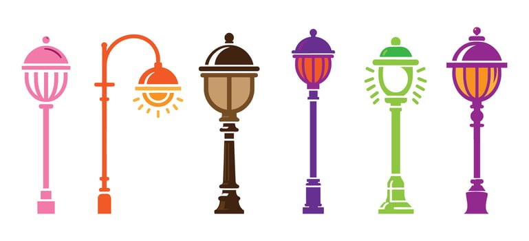 Colorful Decorative Street Lamp Post Collection with Vintage Lantern Styles for Urban Lighting Design and Cityscape Illustration Projects vector