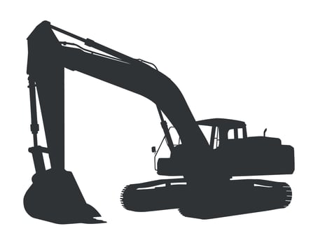 Silhouette of a Large Excavator with Arm and Bucket Simple black silhouette large excavator excavator construction heavy equipment silhouette machine digger earthmoving industrial vector