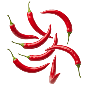 Several red chili peppers scattered and floating isolated on transparent background png