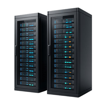Two modern black server racks with glowing blue lights isolated on transparent background png