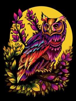 Colorful owl illustration with leaves vector