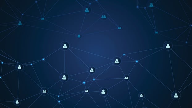 Modern abstract blue network background featuring connected user icons and glowing lines, ideal for technology, communication, digital business, and social media designs. vector
