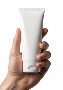 Cosmetic product tube held in hand, clean modern design, blank container for label design png