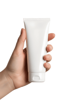 White beauty cream tube in hand, minimalist packaging design on transparent background png