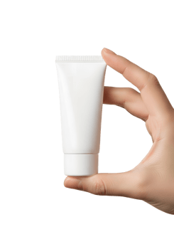 Hand holding white cosmetic tube isolated on transparent background, skin care product mockup png