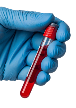 Blood sample in test tube held in hand isolated on transparent background, medical lab concept png