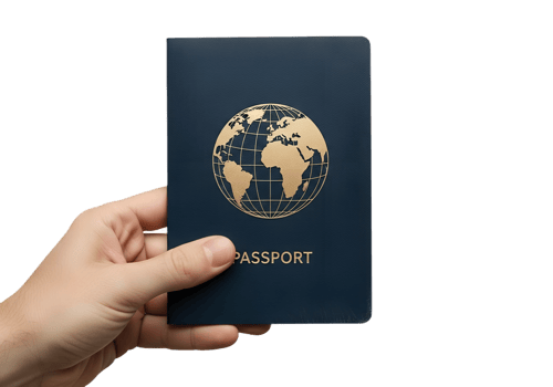 Blue passport in hand, global travel symbol with gold embossing, world map cover png