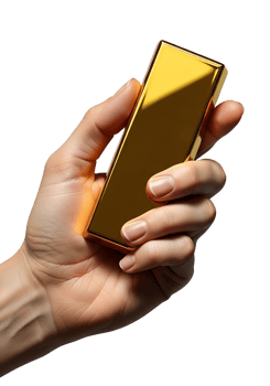 Hand holding gold bar isolated on transparent background, shiny bullion investment png