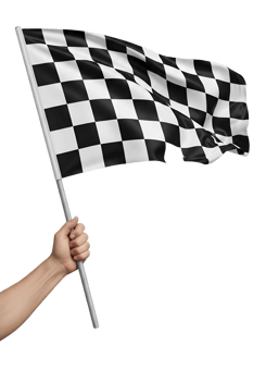 Black and white checkered flag in hand, racing victory symbol, isolated png