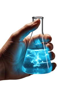 Researcher hand holding erlenmeyer flask with neon blue liquid isolated, chemical reaction png