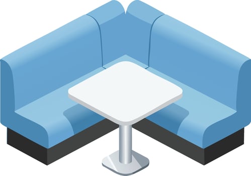 Blue corner booth seating with white square table modern restaurant furniture illustration vector