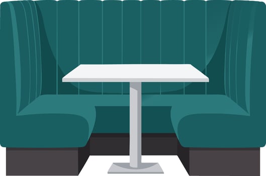 Green upholstered booth seating with white square table for restaurant or diner interior design illustration vector