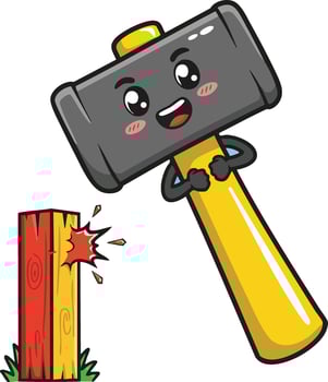 Hammer with happy facial expression breaking colorful wooden block cartoon illustration vector