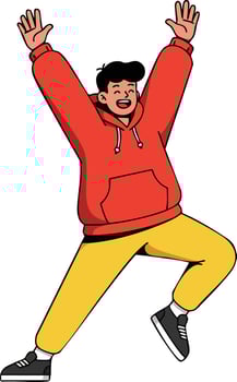 Young man jumping with joy wearing red hoodie and yellow pants expressing happiness and excitement illustration vector