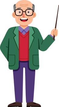 Elderly man teacher with glasses holding a pointer stick standing smiling illustration vector