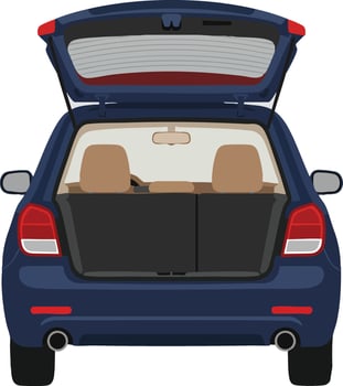 Blue hatchback car with open trunk showing interior and beige seats illustration vector