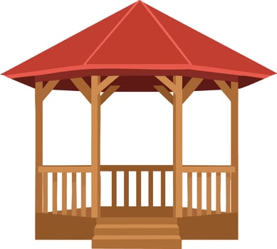 Wooden garden gazebo with red roof outdoor pavilion structure for relaxing or social gatherings illustration vector