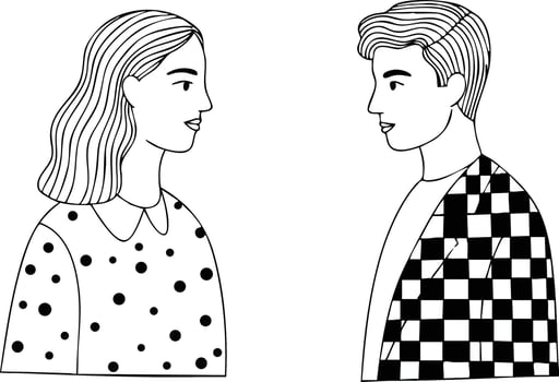 illustration of man and woman facing each other with patterned clothing in simple black and white style vector