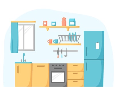 Kitchen in flat design, cook room concept, kitchen unit with refrigerator, oven and stove, illustration vector