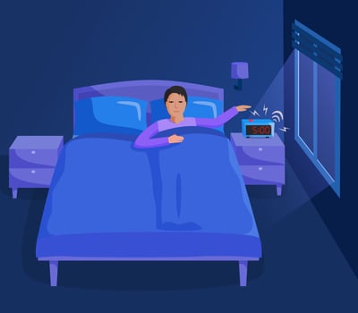 Person in bed waking up early, bedroom interior at early morning, alarm clock ringing, flat illustration, vector