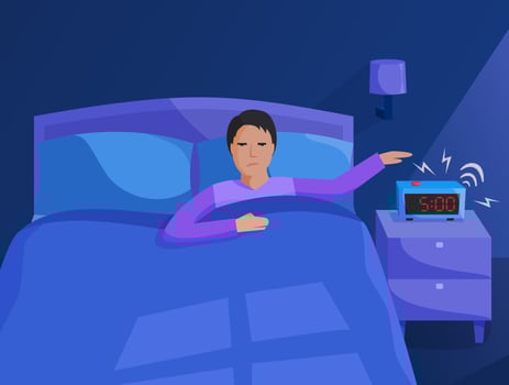 Person in bed waking up early, bedroom interior at early morning, alarm clock ringing vector