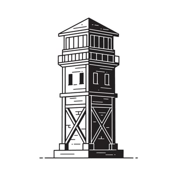 Vintage art silhouette of a tall wooden watchtower illustration in black and white vector