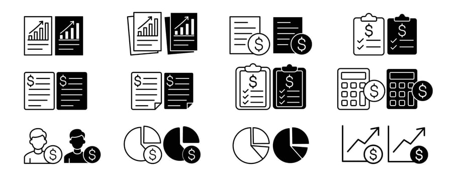 set of icons about financegrow money, financial data, money counter, money calculator, stock rise and fall statistics data, financial question form, financial records, debt question date ilustrator vector