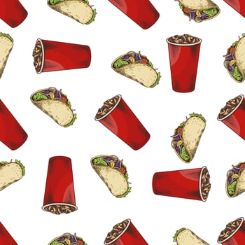 Hand drawn vintage seamless pattern of tacos and fizzy drinks in red paper cups, food background vector