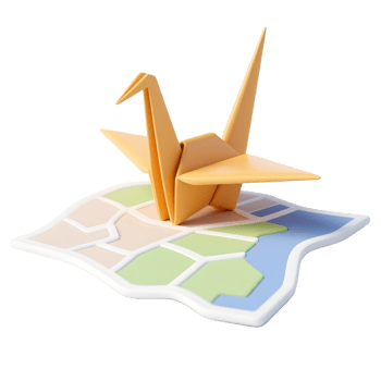Yellow origami crane on map isolated on transparent background png