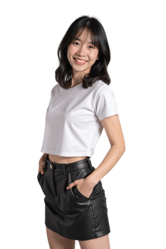 asian woman in white shirt and black leather skirt png