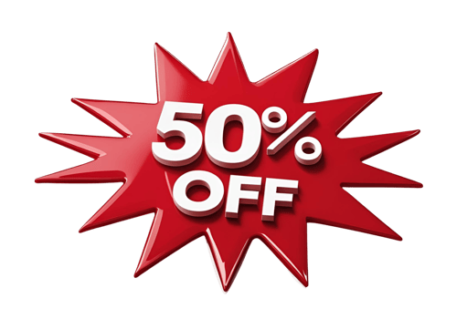 Red 50 off starburst discount label for promotional sale design. png