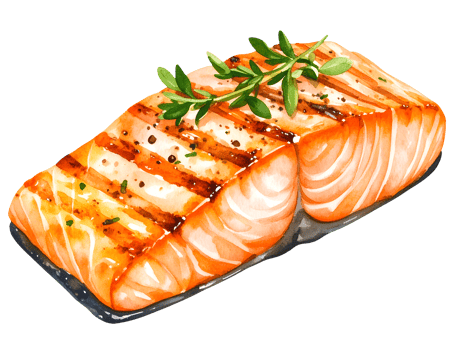 watercolor grilled salmon fillet with charred grill marks and fresh herbs on isolated background for seafood cuisine and healthy food design png