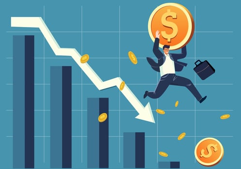 Businessman with dollar coins and market trend vector