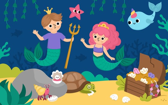 landscape illustration with mermaid and boy with trident, crown. Ocean or sea kingdom scene with marine princess, prince, treasure chest. Cute horizontal fairytale background for kids vector