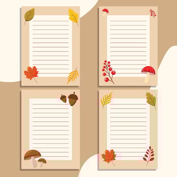 Autumn banners with writing lines, each decorated with autumn elements on a beige background. Autumn leaves, mountain ash, mushrooms, acorns. vector
