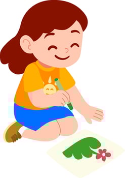Kindergarten girl character playing outdoors drawing pink flower vector