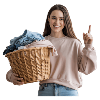 Portrait of Cheerful Woman with Laundry Basket Pointing with One Finger png