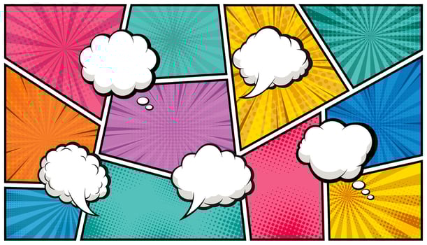Colorful comic book layout with empty speech and thought bubbles on a retro pop art background. Illustration vector